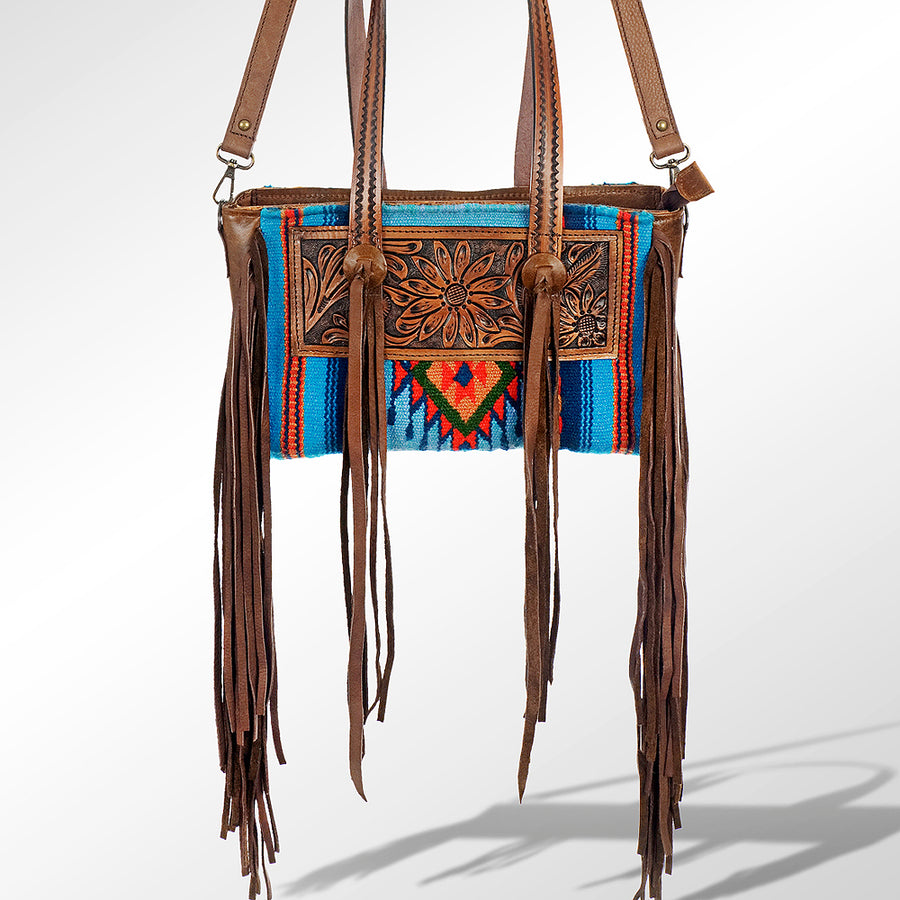 American Darling Tote Bag Hand Tooled Floral Carved Saddle Blanket Leather Handbag with Fringes and YKK Zipper