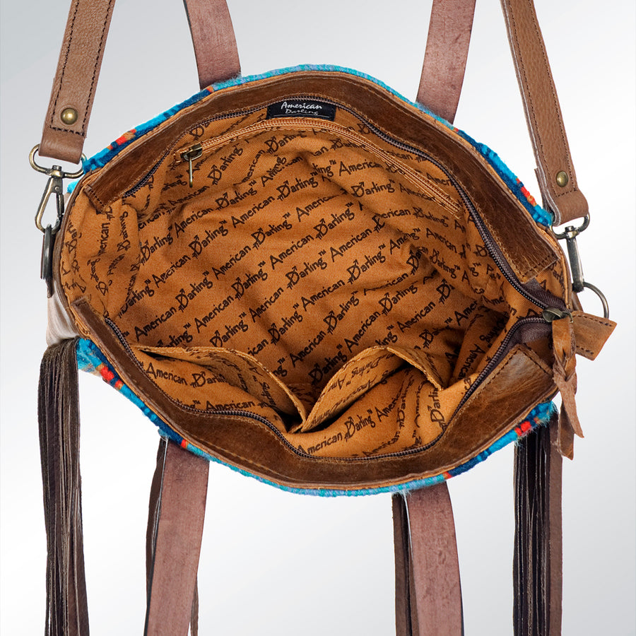 American Darling Tote Bag Hand Tooled Floral Carved Saddle Blanket Leather Handbag with Fringes and YKK Zipper