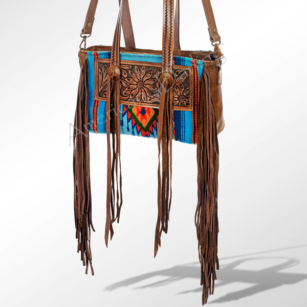 American Darling Hand Tooled Floral Leather and Woven Saddle Blanket Western Tote Bag - Uhorse