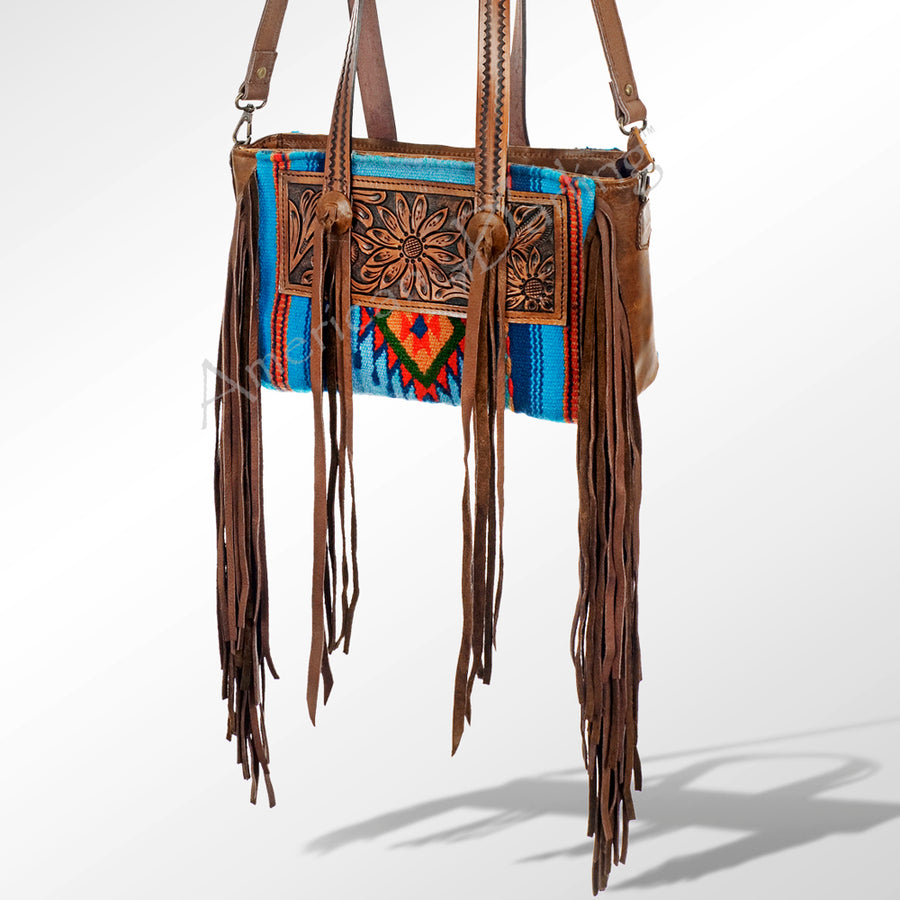 American Darling Hand Tooled Floral Leather and Woven Saddle Blanket Western Tote Bag - Uhorse