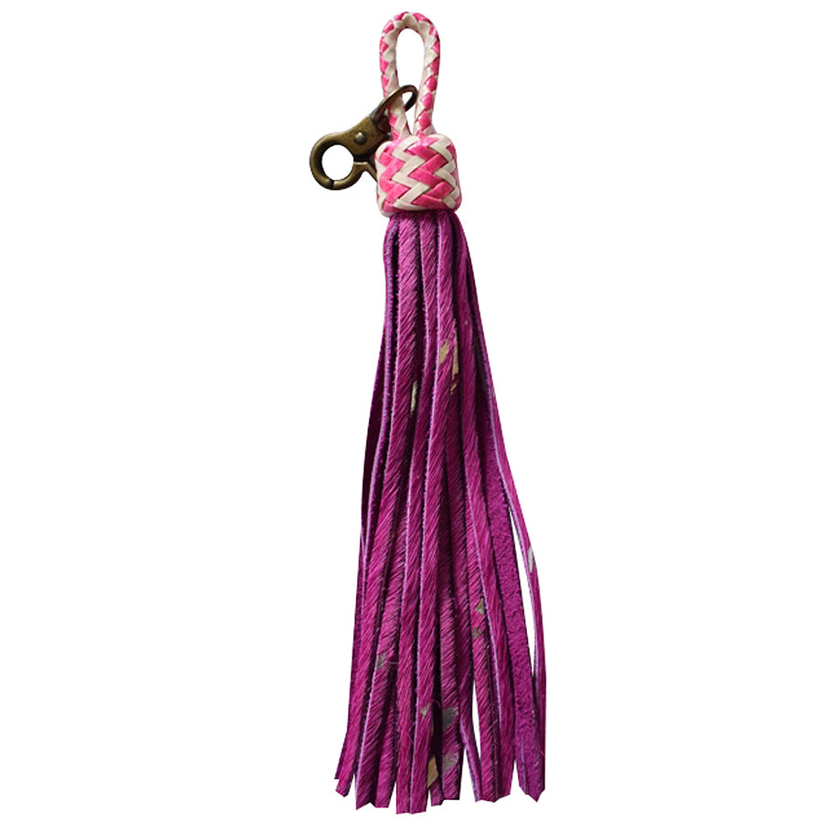 Purple leather tassel keychain with braided pink and white accent - Uhorse