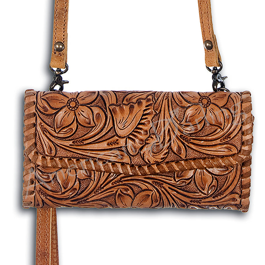 American Darling Hand Tooled Floral Leather Small Cross body Bag with Braided Trim - Uhorse