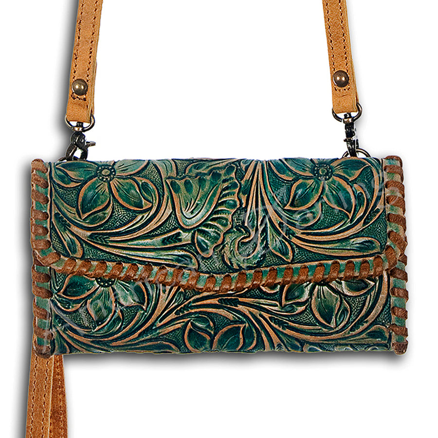 American Darling Hand Tooled Floral Leather Small Cross body Bag with Braided Trim - Uhorse