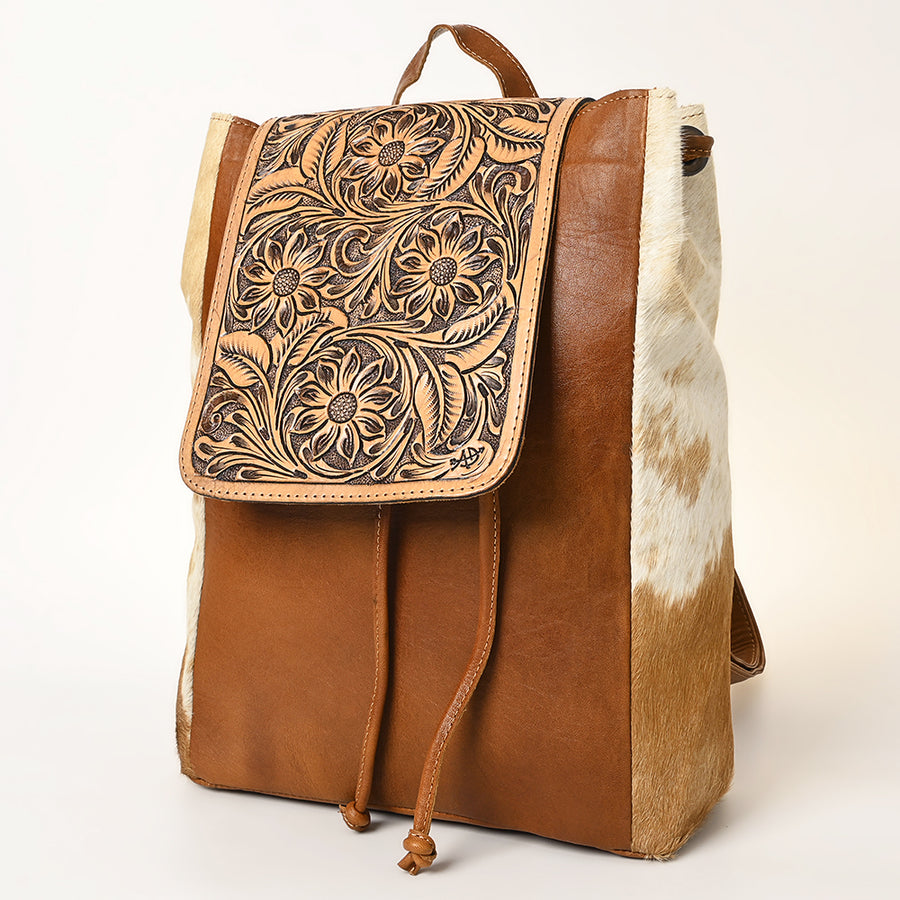 American Darling Hand Tooled Leather Backpack Bag with Hair-On Cowhide - Uhorse