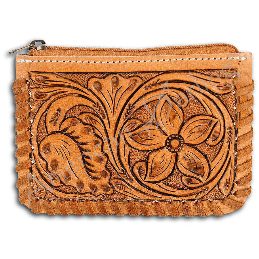American Darling Hand Tooled Floral Leather Coin Purse Bag with Braided Trim - Uhorse