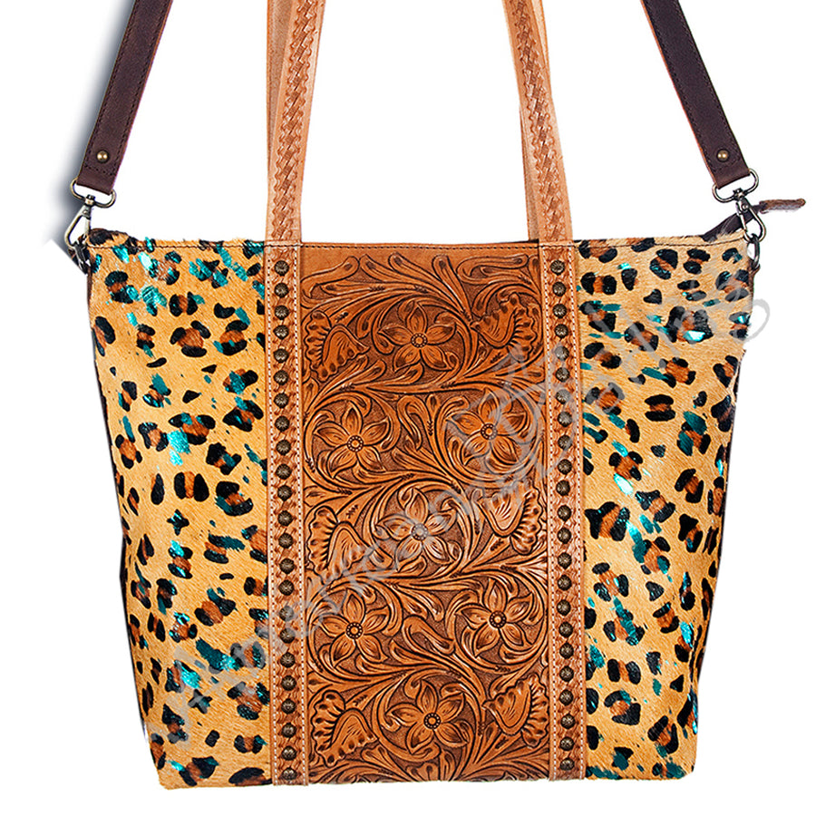 American Darling Tote Bag, Hand Tooled Floral Carved Leather, Hair-On Cowhide, Vegetable Tanned Genuine Leather, Rivetted