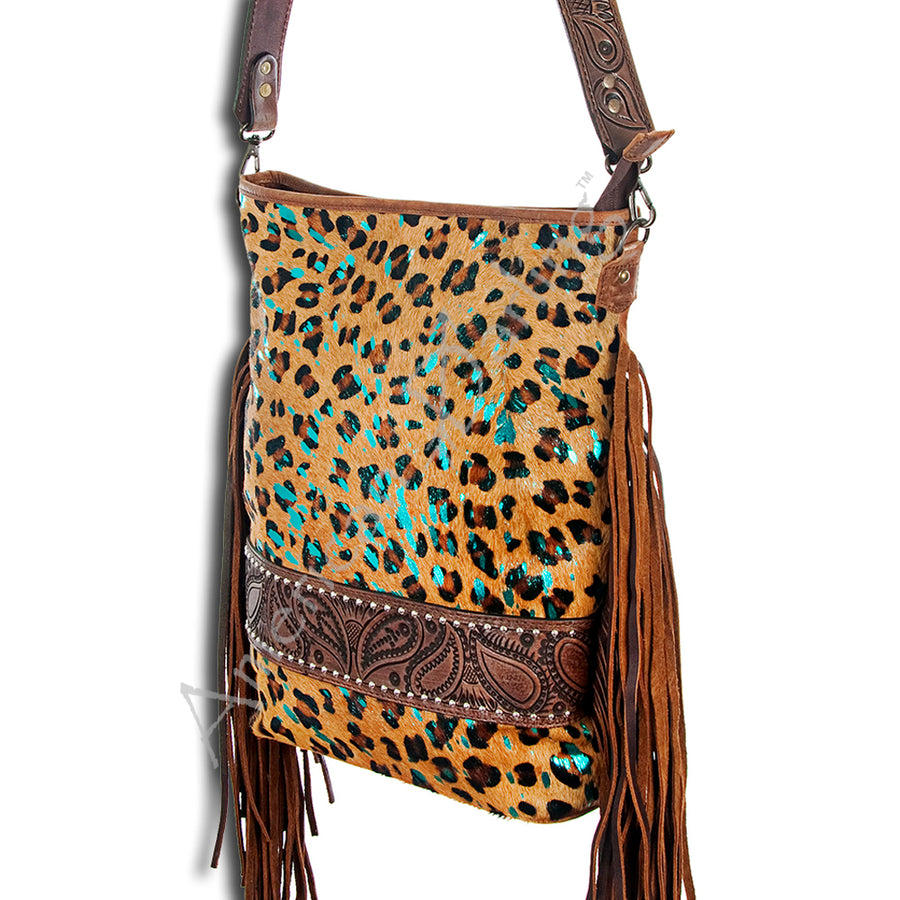 American Darling Large Cross body Bag Hand Tooled Floral Carved Leather Hair-On Cowhide with Fringes