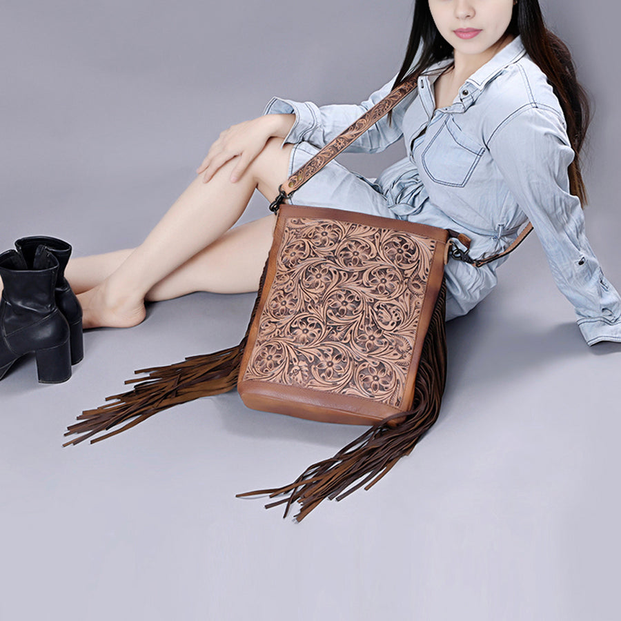 American Darling Large Cross body Bag Hand Tooled Floral Carved Genuine Leather Fringe Crossbody Vegetable Tanned Leather