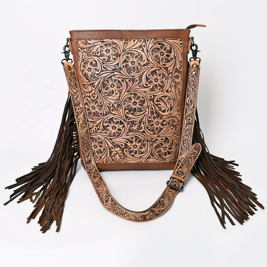 American Darling Large Cross body Bag Hand Tooled Floral Carved Genuine Leather Fringe Crossbody Vegetable Tanned Leather