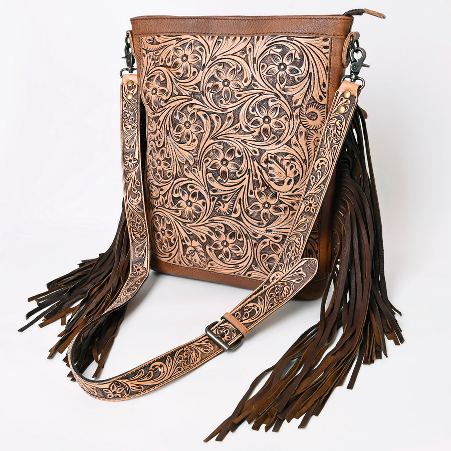 American Darling Large Cross body Bag - Hand Tooled Floral Leather and Western Fringe Crossbody - Uhorse