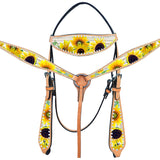HILASON Western Horse Headstall Breast Collar American Leather Sunflower | Leather Headstall | Leather Breast Collar | Tack Set for Horses | Horse Tack Set