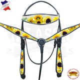 HILASON Western Horse Headstall Breast Collar American Leather Sunflower | Leather Headstall | Leather Breast Collar | Tack Set for Horses | Horse Tack Set