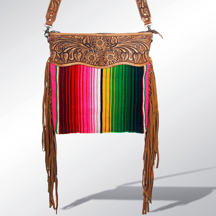 American Darling Signature CrossBody Hand Tooled Saddle Blanket Fabric Genuine Leather Western Women Bag Handbag Purse Cute