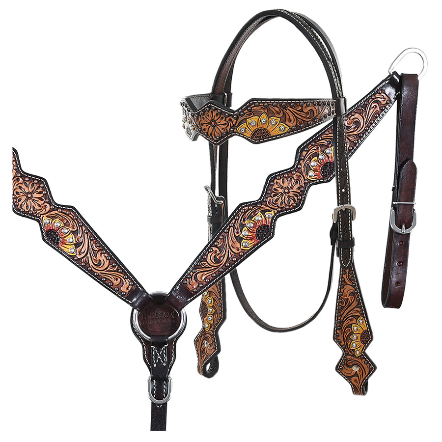 HILASON Western Horse Headstall Breast Collar Set American Leather Tan Dark Brown Sunflower - Uhorse