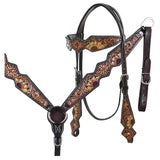 HILASON Western Horse Headstall Breast Collar Set American Leather Tan Dark Brown Sunflower