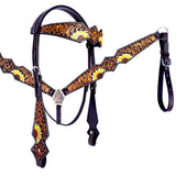 HILASON Western Horse Headstall Breast Collar Set American Leather Tan Dark Brown Sunflower