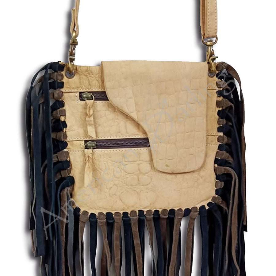 Cream leather crossbody bag with black fringe - Hilason