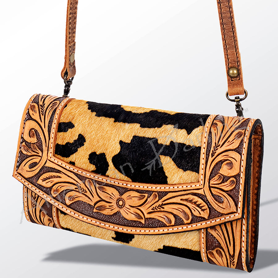 American Darling Hand Tooled Leather and Hair-On Cowhide Western Wallet Bag - Uhorse