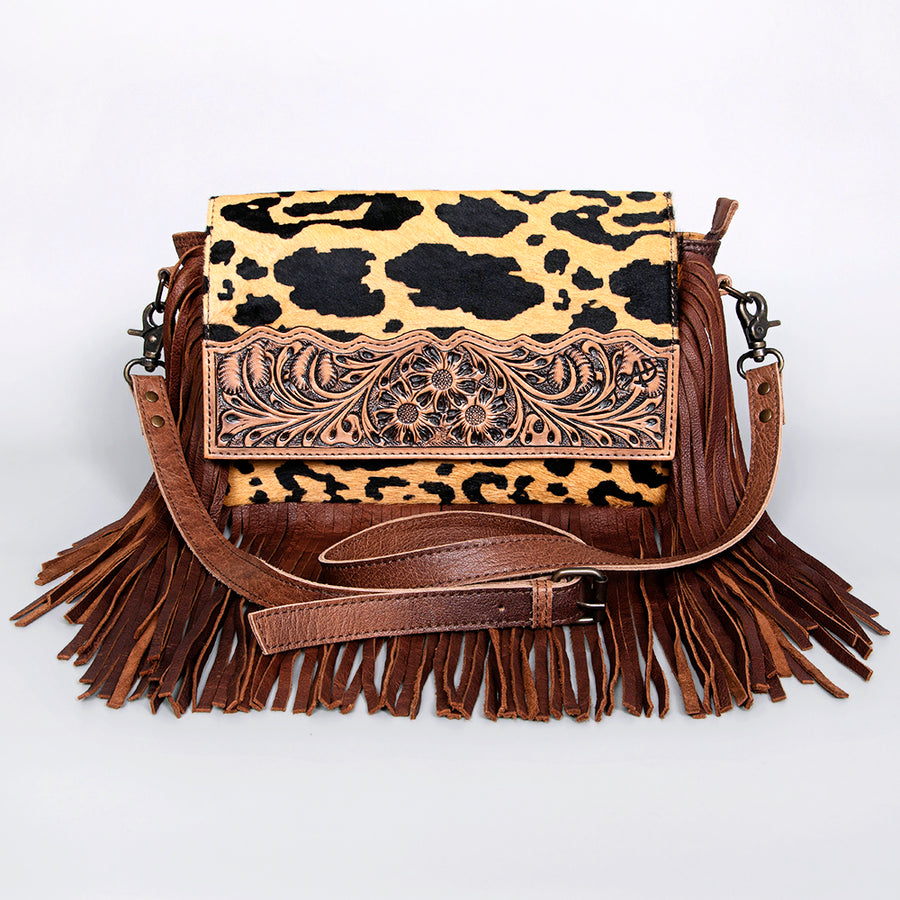 American Darling Small Cross body Bag Hand Tooled Floral Hair-On Cowhide Genuine Leather Fringed Purse with YKK Zipper
