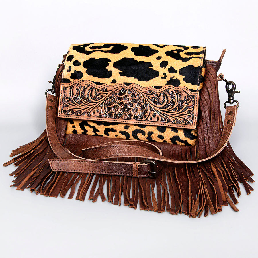 American Darling Hand Tooled Floral Leather and Hair-On Cowhide Small Cross body Bag - Hilason