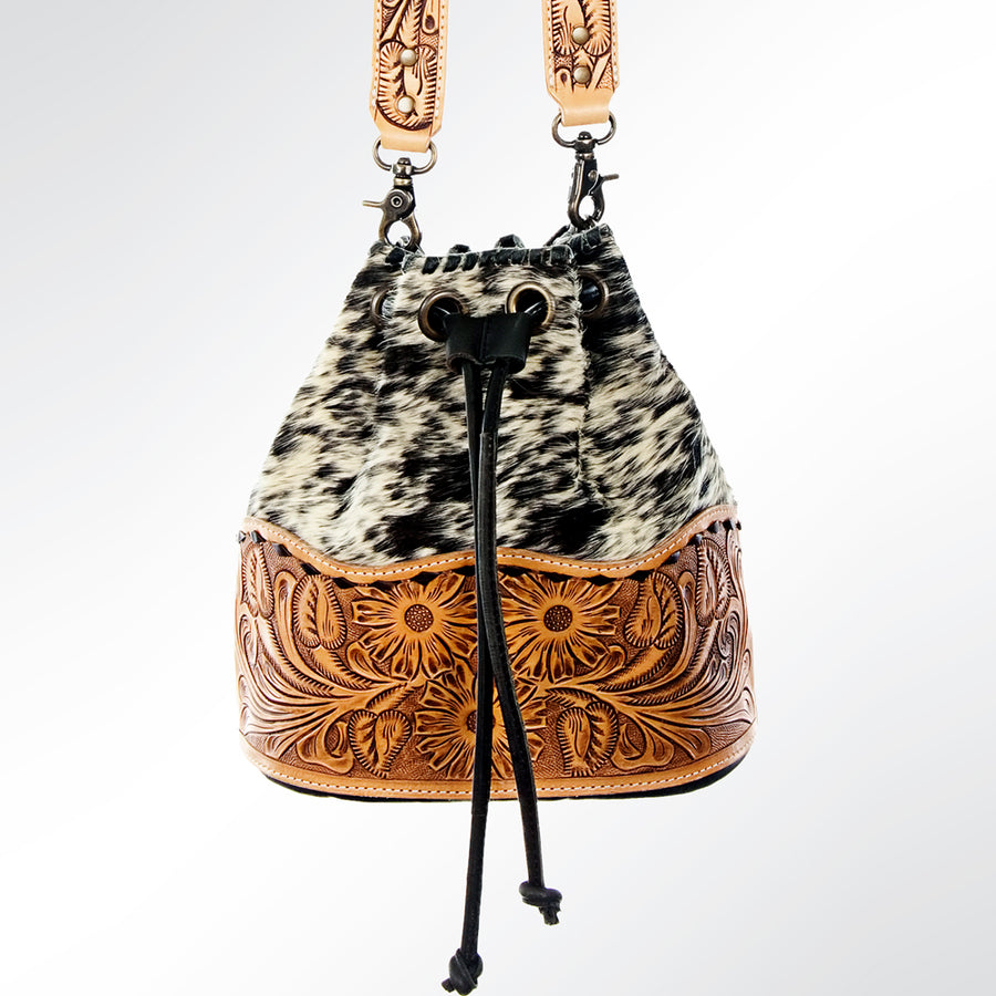 American Darling Bucket Bag Hand Tooled Floral Carved Hair-On Cowhide Genuine Leather Purse Tassels with YKK Zipper