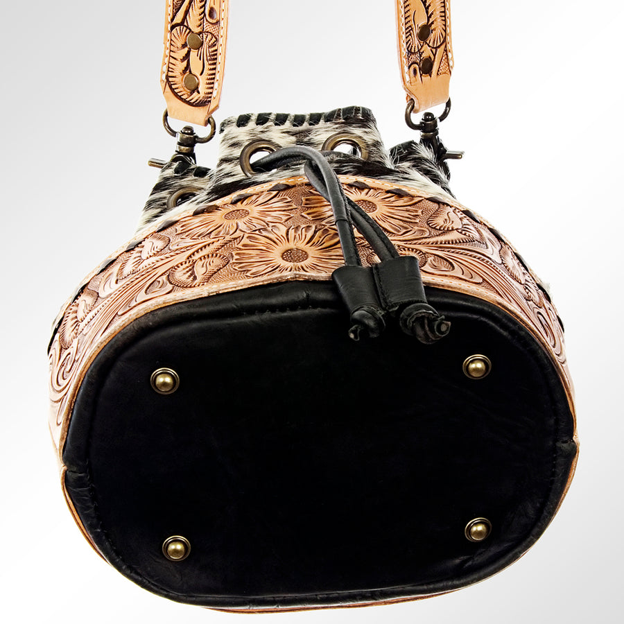 American Darling Bucket Bag Hand Tooled Floral Carved Hair-On Cowhide Genuine Leather Purse Tassels with YKK Zipper