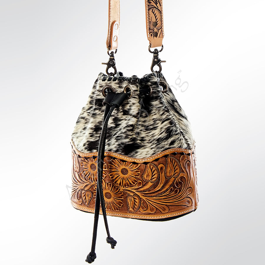American Darling Hand Tooled Floral Leather and Hair-On Cowhide Western Bucket Bag - Uhorse