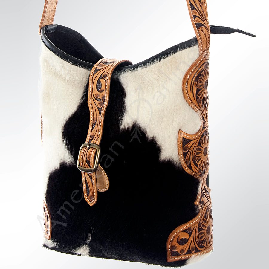 American Darling Hand Tooled Floral Leather and Hair-On Cowhide Western Hobo Bag - Uhorse