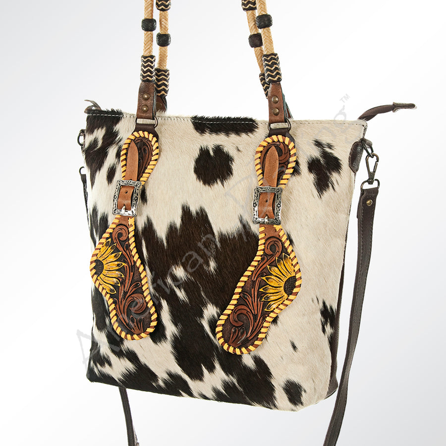 American Darling Tote Bag Hand Tooled Floral Carved Hair-On Cowhide Genuine Leather Shoulder Purse with YKK Zipper
