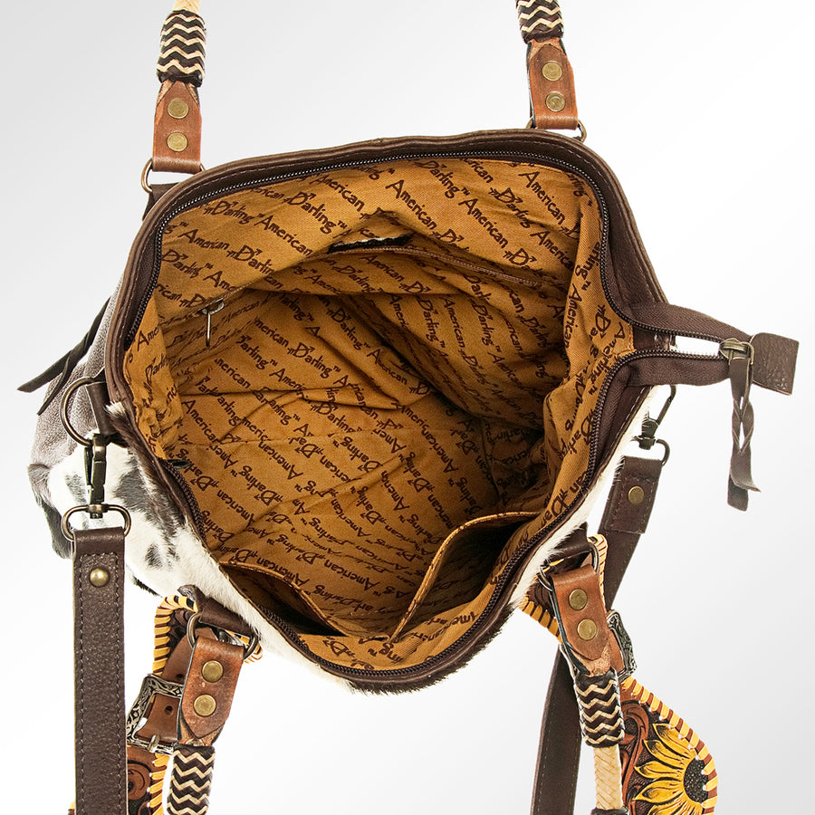 American Darling Tote Bag Hand Tooled Floral Carved Hair-On Cowhide Genuine Leather Shoulder Purse with YKK Zipper