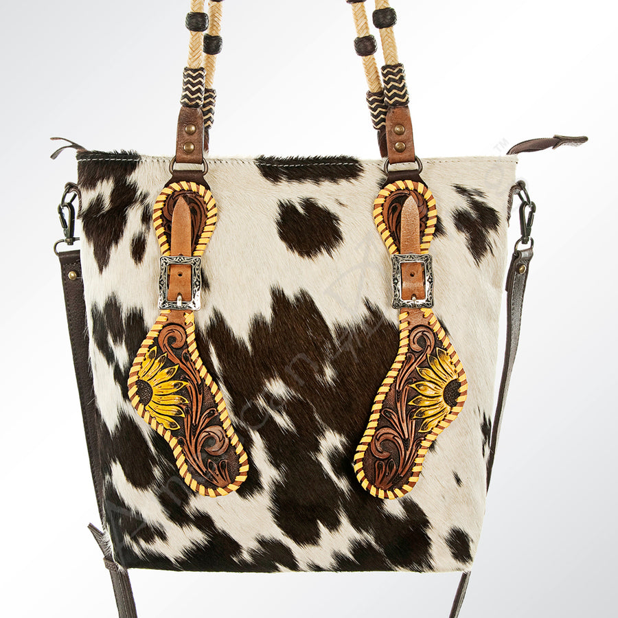 American Darling Hand Tooled Floral Leather and Hair-On Cowhide Western Tote Bag - Uhorse