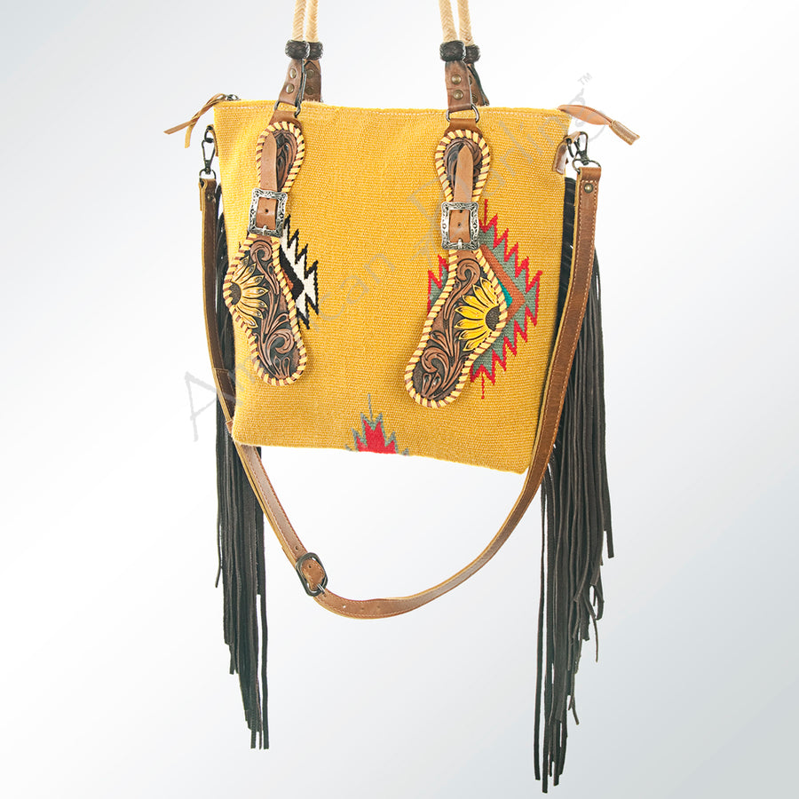 American Darling Tote Bag Hand Tooled Floral Carved Saddle Blanket Leather Handbag Fringes Braided YKK Zipper