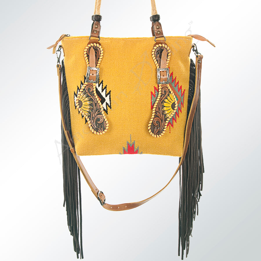 American Darling Hand Tooled Floral and Woven Saddle Blanket Western Tote Bag - Uhorse
