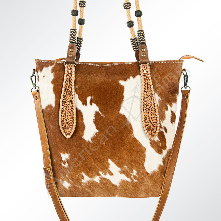 American Darling Hand Tooled Leather and Hair-On Cowhide Western Tote Bag - Uhorse