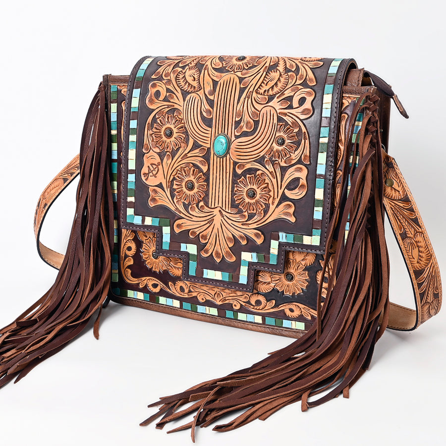 American Darling Hand Tooled Floral Leather Western Messenger Bag with Fringes - Uhorse