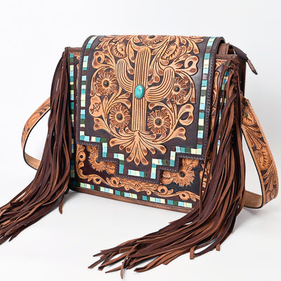 American Darling Messenger Bag Hand Tooled Floral Carved Genuine Leather Western Purse with Fringes and YKK Zipper
