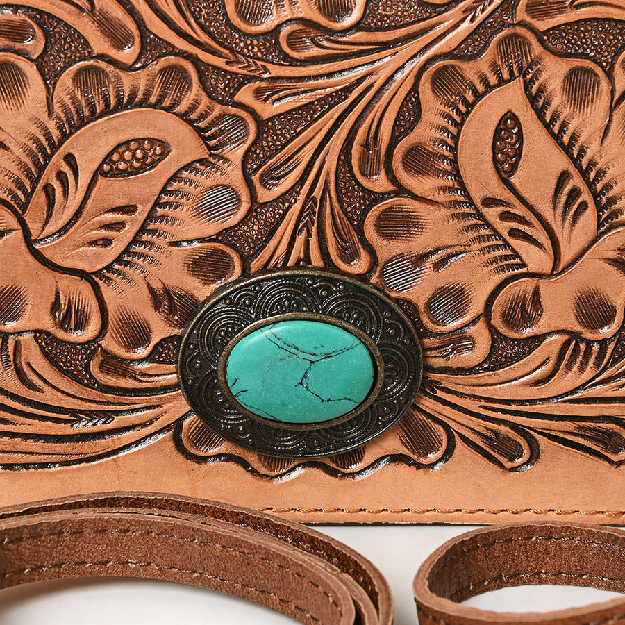American Darling Organiser Bag Hand Tooled Floral Carved Genuine Leather Western Wallet with Concho and YKK Zipper
