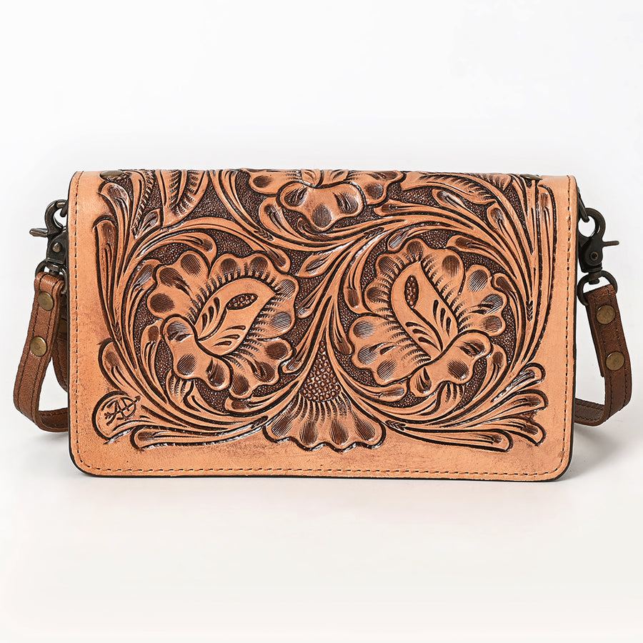 American Darling Organiser Bag Hand Tooled Floral Carved Genuine Leather Western Wallet with Concho and YKK Zipper