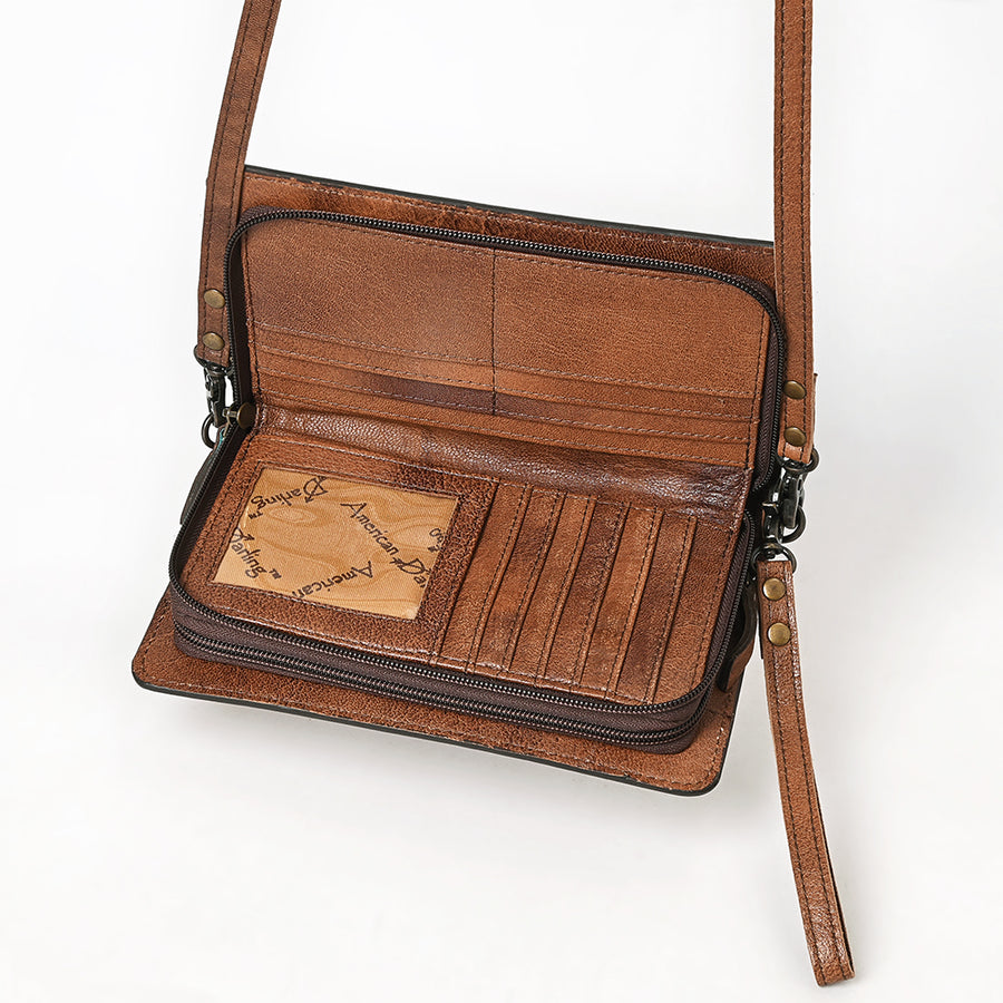 American Darling Organiser Bag Hand Tooled Floral Carved Genuine Leather Western Wallet with Concho and YKK Zipper