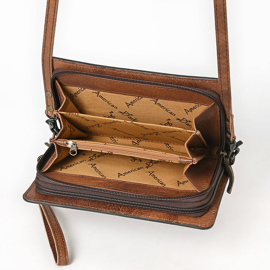 American Darling Organiser Bag Hand Tooled Floral Carved Genuine Leather Western Wallet with Concho and YKK Zipper