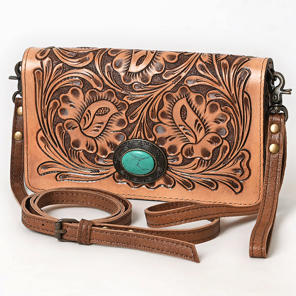 American Darling Hand Tooled Floral Leather Western Organiser Bag with Turquoise Concho - Uhorse