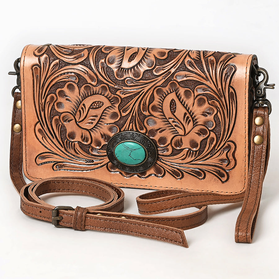 American Darling Hand Tooled Floral Leather Western Organiser Bag with Turquoise Concho - Uhorse