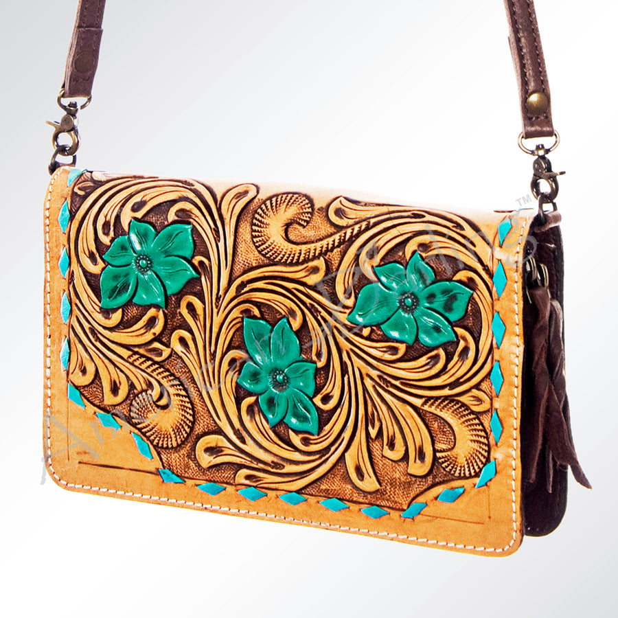 American Darling Hand Tooled Floral Leather Western Organiser Bag with Buck Stitching - Uhorse