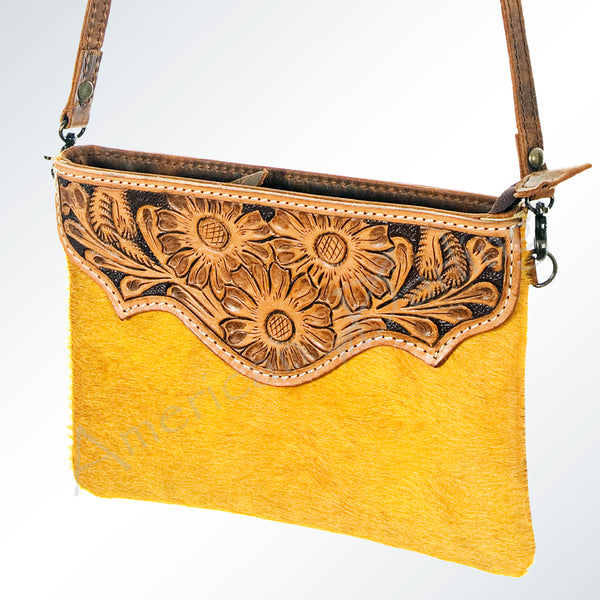 American Darling Hand Tooled Floral Leather and Hair-On Cowhide Western Wallet Bag - Uhorse