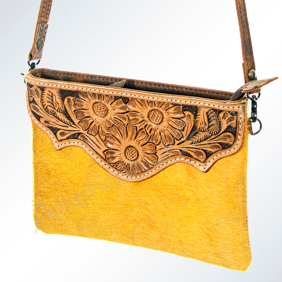 American Darling Hand Tooled Floral Leather and Hair-On Cowhide Western Wallet Bag - Uhorse