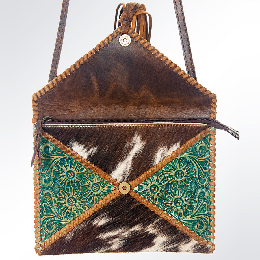 American Darling Envelop Bag Hand Tooled Floral Carved Hair-On Cowhide Genuine Leather Purse Fringes with YKK Zipper