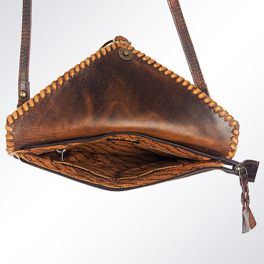 American Darling Envelop Bag Hand Tooled Floral Carved Hair-On Cowhide Genuine Leather Purse Fringes with YKK Zipper