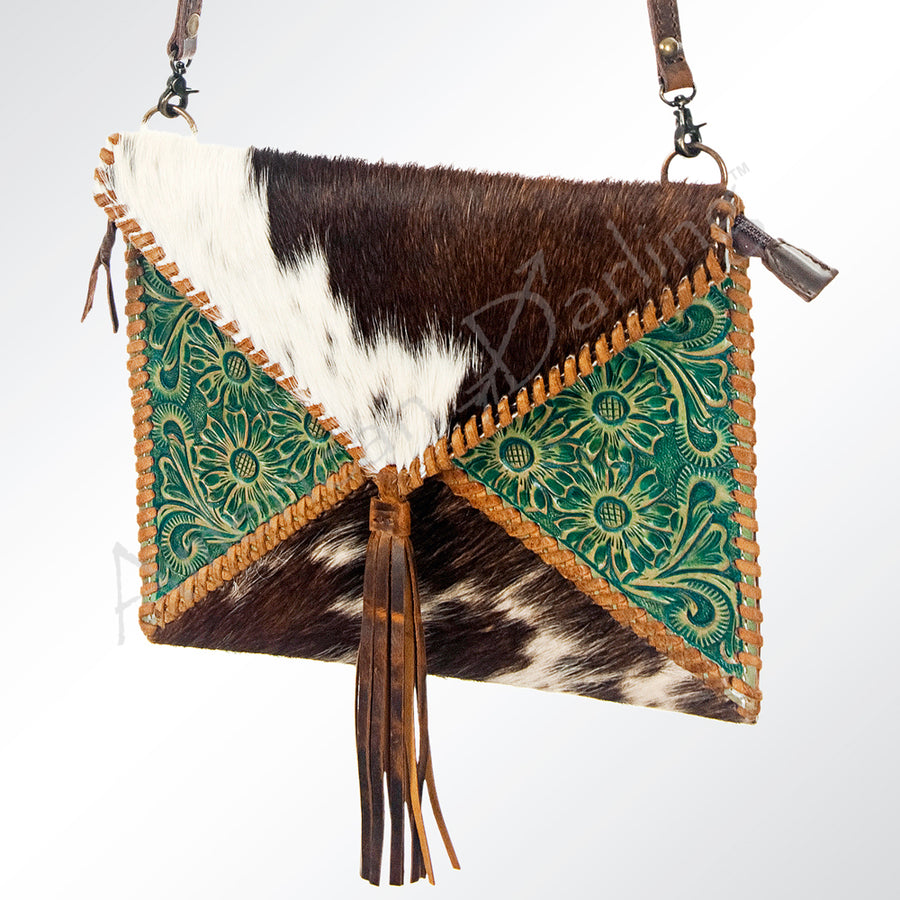 American Darling Hand Tooled Floral Leather and Hair-On Cowhide Western Envelop Bag - Uhorse
