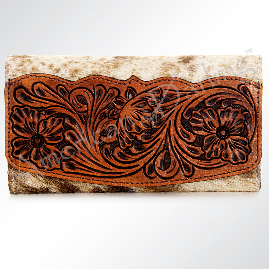 American Darling Wallet Bag Hand Tooled Floral Carved Panel Hair-On Cowhide Leather Purse with YKK Zipper