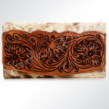 American Darling Wallet Bag Hand Tooled Floral Carved Panel Hair-On Cowhide Leather Purse with YKK Zipper
